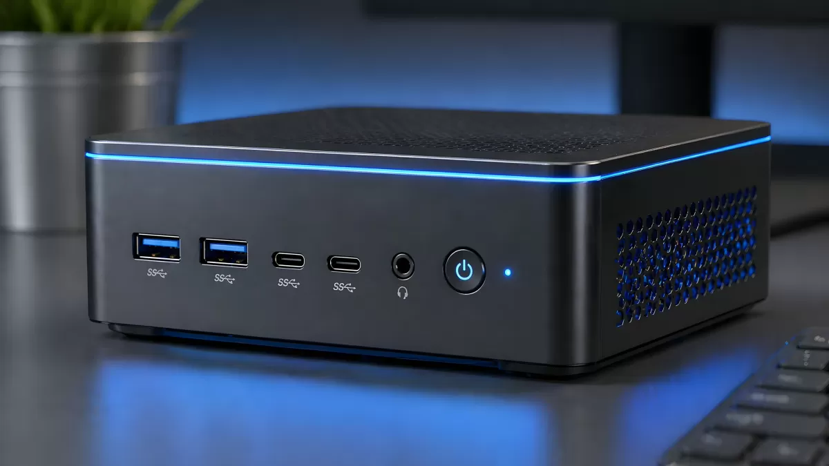 Kompakter Mini-PC mit blauer LED-Beleuchtung