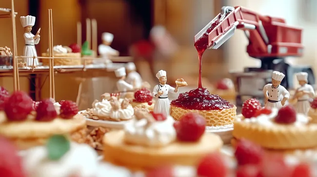 Konditorei mit miniaturisierten Köchen und Torten
