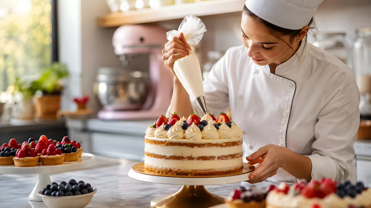 Konditorin dekoriert Torte mit Früchten und Sahne
