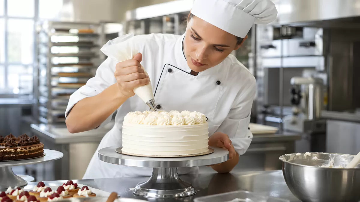 Konditorin verziert weiße Torte mit Spritzbeutel