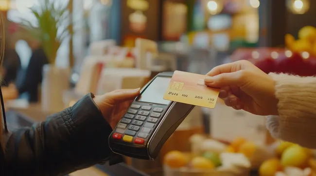 Kontaktloses Bezahlen mit Kreditkarte an Supermarktkasse