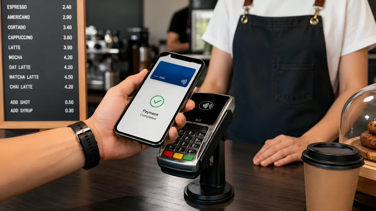 Kontaktloses Bezahlen mit Smartphone im Café