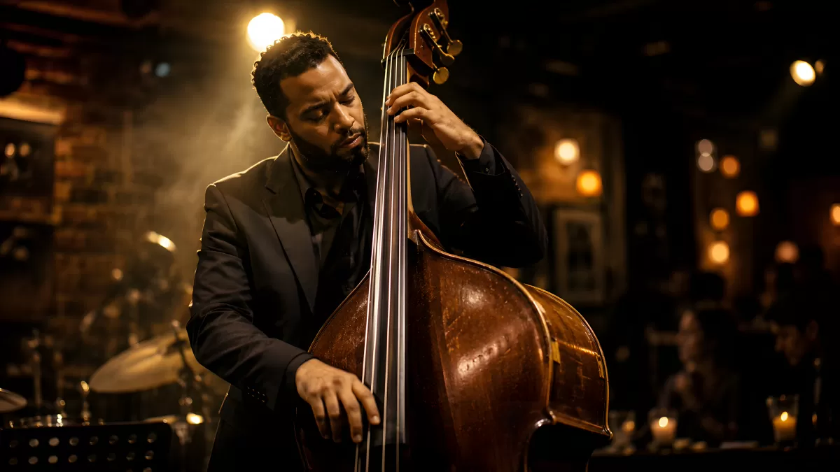 Kontrabassist spielt Jazz in stimmungsvollem Club
