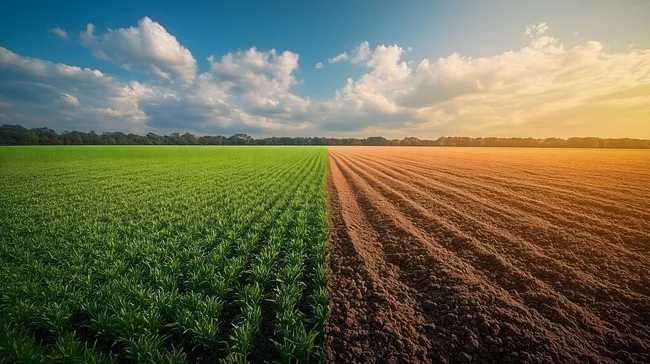 Kontrast von Ackerflächen im Sonnenuntergang