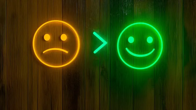 Kontrast zwischen Freude und Traurigkeit - Neon-Symbole auf Holz