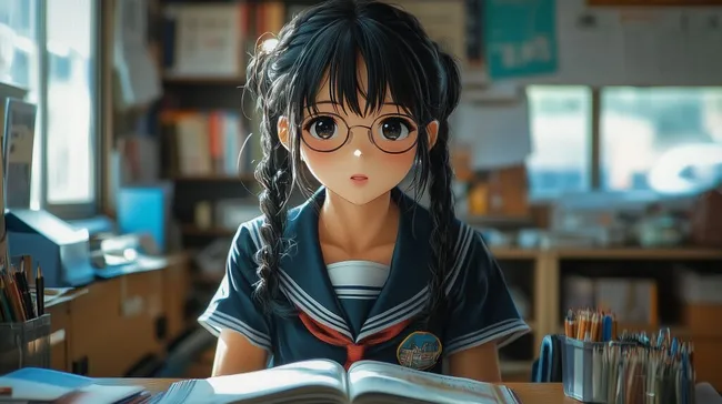 Konzentrierte japanische Anime-Schülerin beim Lernen