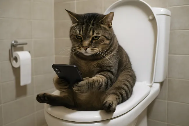 Konzentrierte Katze mit Smartphone auf der Toilette