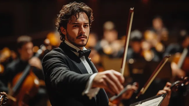 Konzentrierter Dirigent leitet großes Orchester