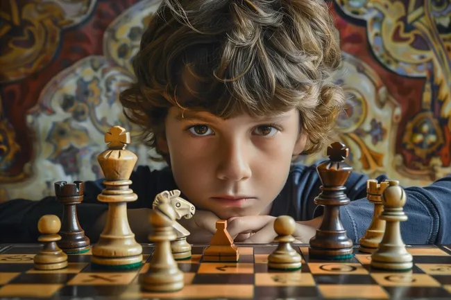 Konzentrierter Junge bei Schachspiel mit hoher Strategie