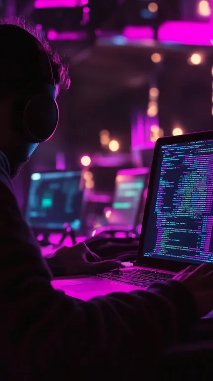 Konzentrierter Programmierer bei Nachtarbeit am Laptop