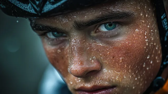 Konzentrierter Radfahrer mit feuchter Gesichtshaut