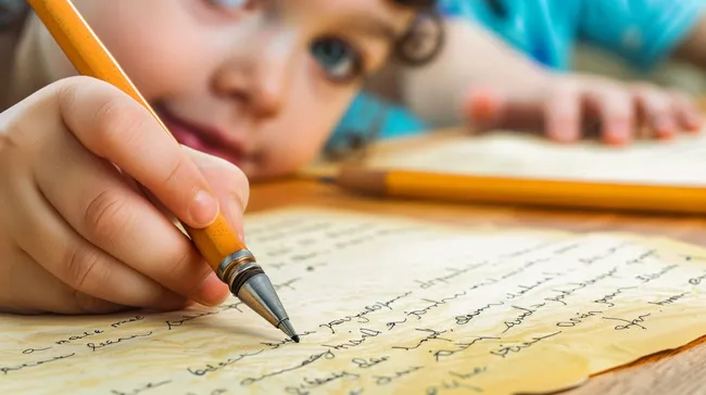 Konzentrierter Schüler beim Schreiben mit Bleistift