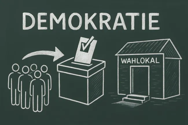 Konzept der Demokratie mit Wahllokal und Urne