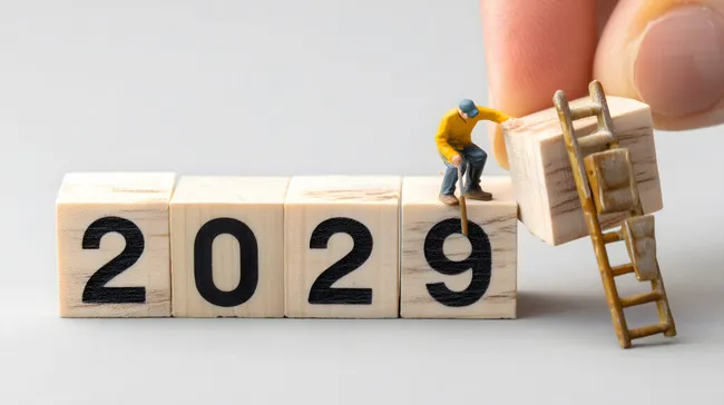 Konzept für erfolgreiches Geschäftsjahr 2029 - Miniaturfigur auf Holzwürfeln