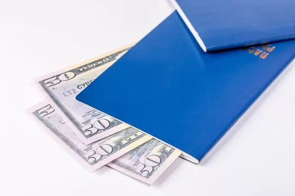 Konzeptbild zum Thema Verreisen mit zwei blauen Reisepässen und ausländischem Geldscheinen