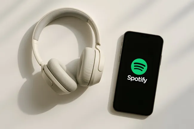 Kopfhörer und Smartphone mit Spotify-App auf weißem Hintergrund