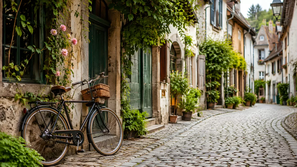 Kopfsteinpflastergasse mit Fahrrad in altem Stadtdorf