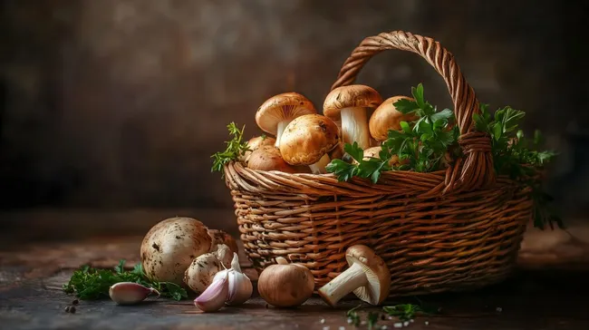 Korb mit frischen Pilzen und Kräutern in rustikaler Umgebung