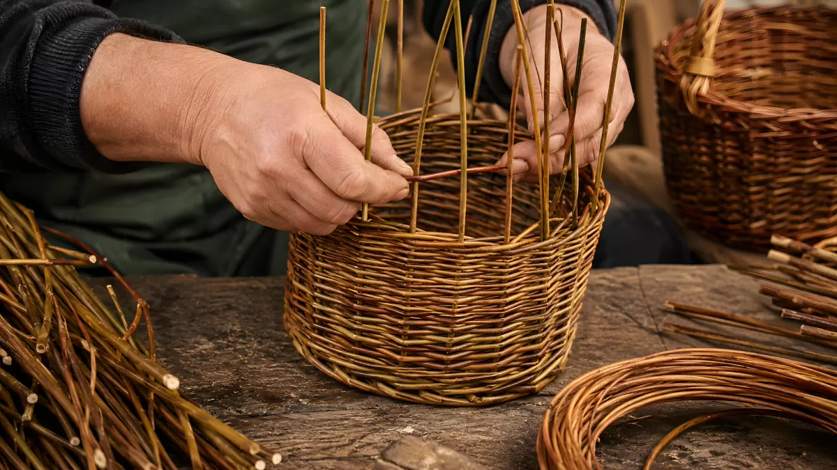 Korbflechter bei der Arbeit mit Weidenruten