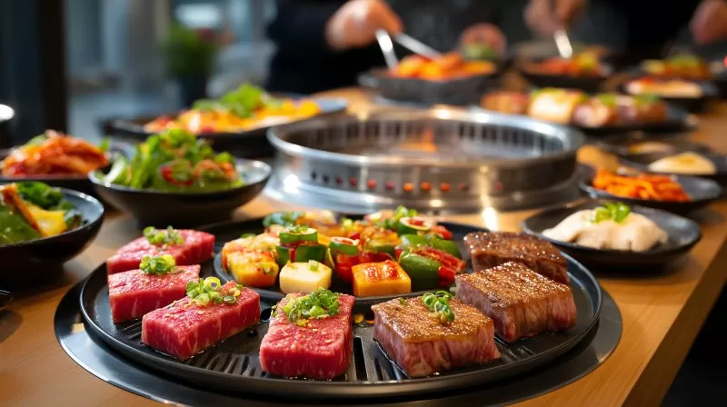 Korean BBQ restaurant beef grill table food scene