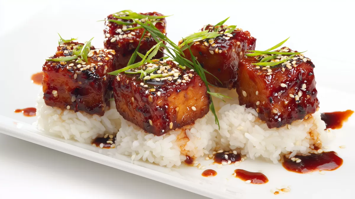 Korean Fried Tofu mit Teriyaki-Glasur auf Reis