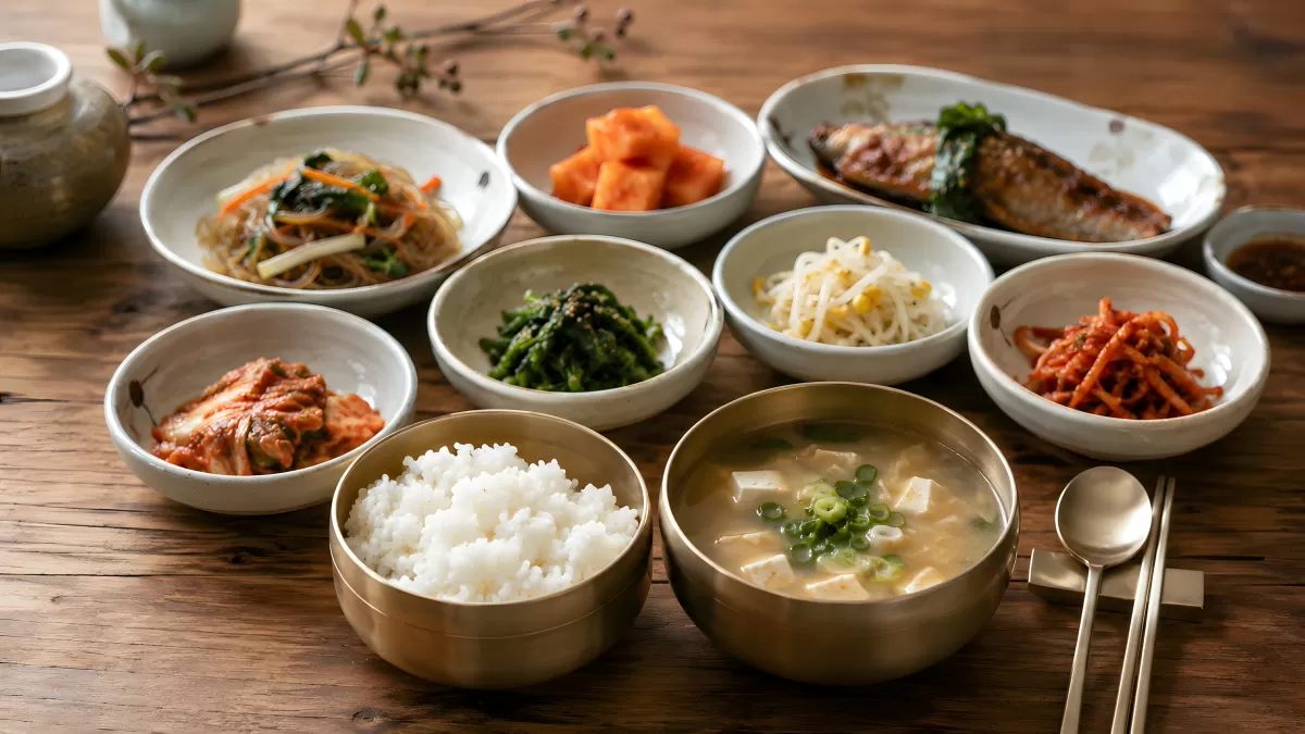 Koreanisches Banchan-Menü mit Reis und Doenjang-Suppe