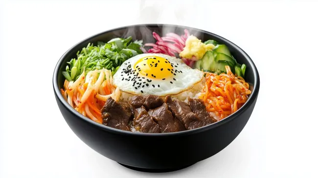 Koreanisches Bibimbap-Gericht mit Rindfleisch und Spiegelei