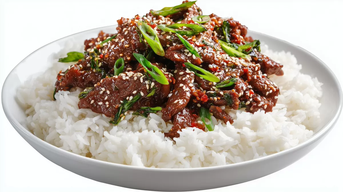 Koreanisches Bulgogi mit Reis und Frühlingszwiebeln