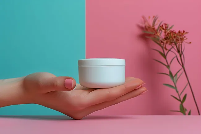 Kosmetik-Creme auf rosa und türkiser Oberfläche