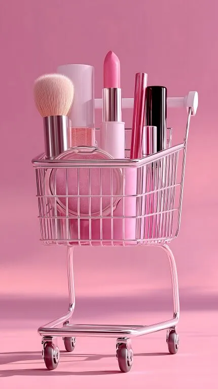 Kosmetik-Sortiment in modischem Einkaufswagen