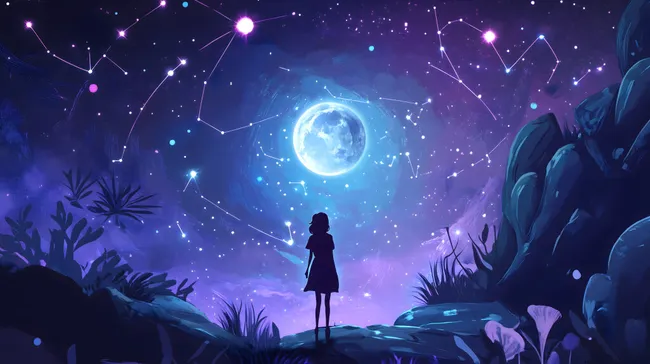 Kosmisches Mädchen bewundert Sternenhimmel