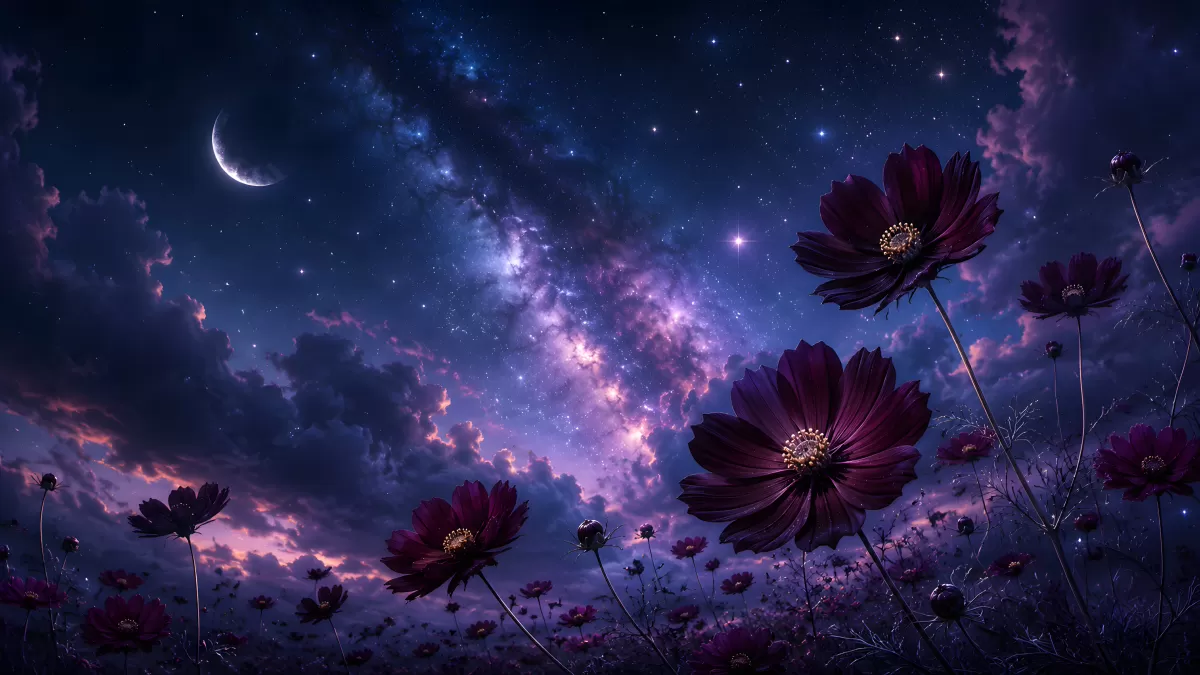 Kosmosblumen unter dem Sternenhimmel bei Mondlicht