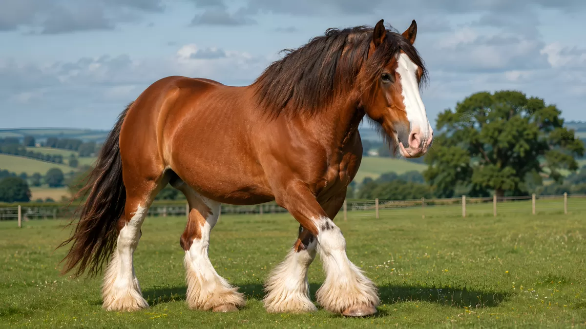 Kräftiger Clydesdale-Hengst auf grüner Weide — Bild kostenlos herunterladen
