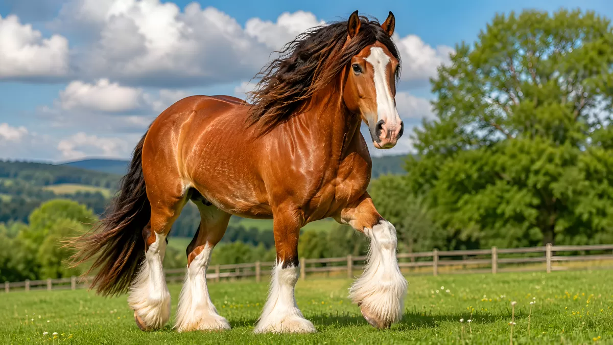 Kräftiger Clydesdale-Hengst galoppiert auf grüner Weide