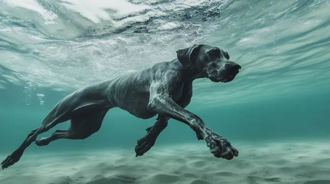 Kräftiger Hund schwimmt in glasklarem Gewässer