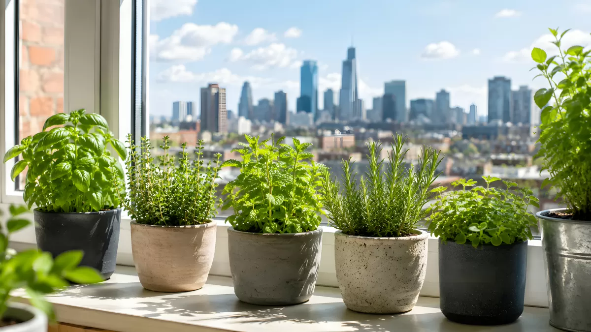 Kräuter auf Fensterbank mit Stadtpanorama im Hintergrund