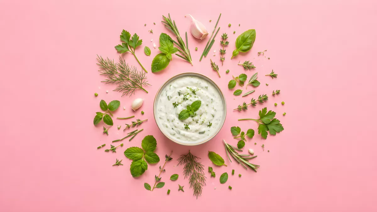 Kräuter-Joghurt-Dip in Schüssel mit frischen Kräutern