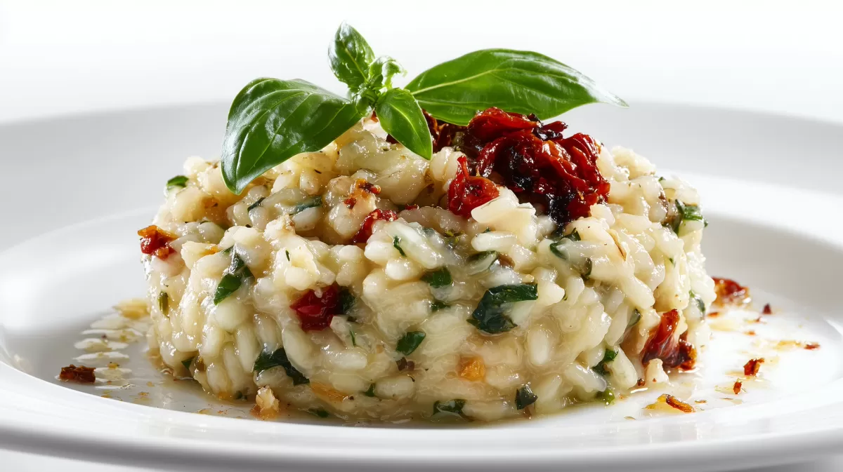 Kräuter Risotto mit getrockneten Tomaten und Basilikum