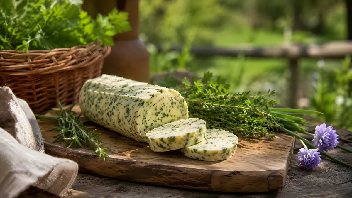 Kräuterbutter auf Holzbrett mit frischen Gartenkräutern