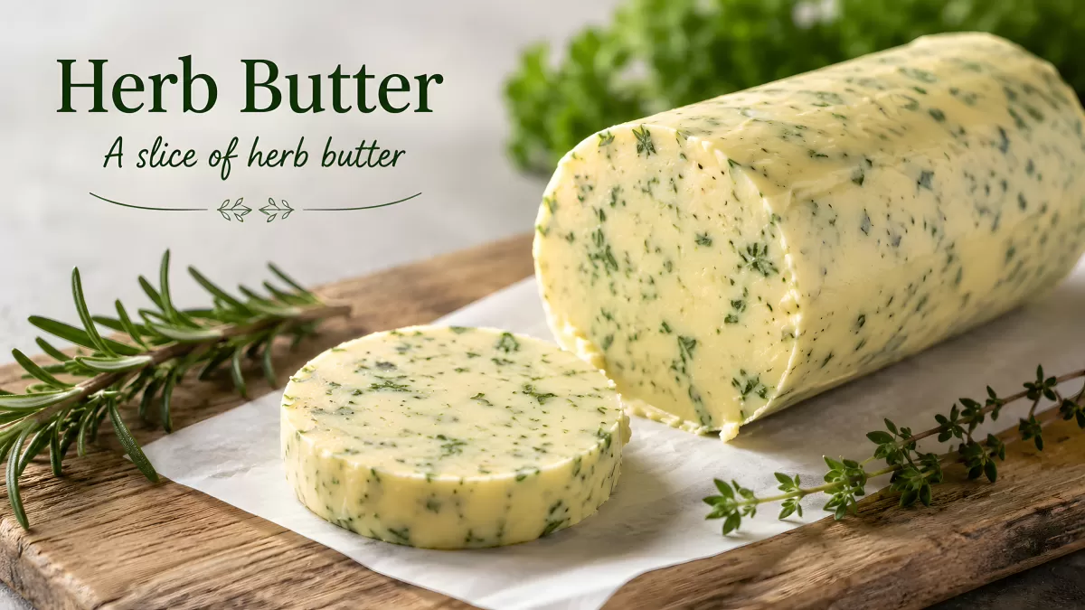 Kräuterbutter-Rolle mit frischen Kräutern auf Holzbrett