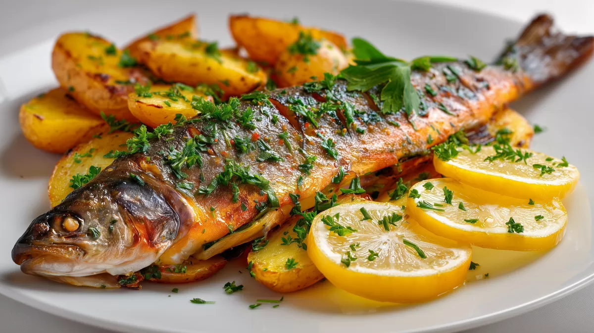 Kräuterforelle mit Bratkartoffeln und Zitrone
