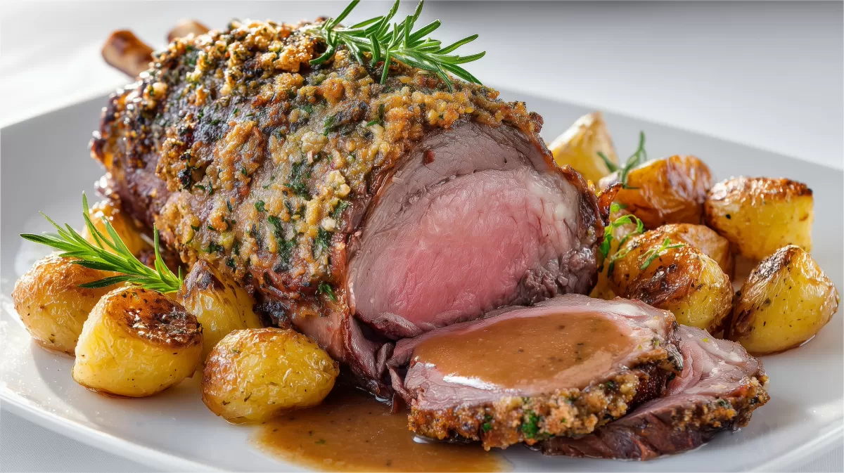 Kräuterkruste-Lammkeule mit knusprigen Bratkartoffeln