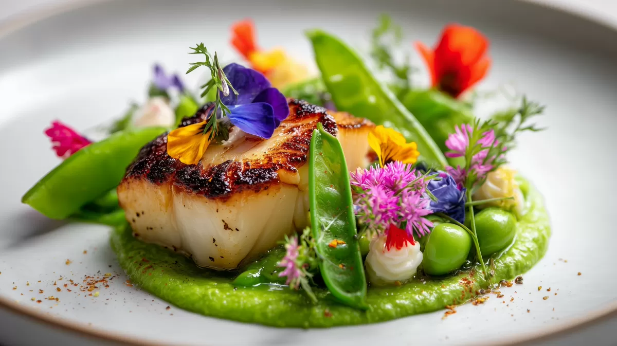 Kräuterseitling auf Erbsen-Minz-Püree mit Blüten