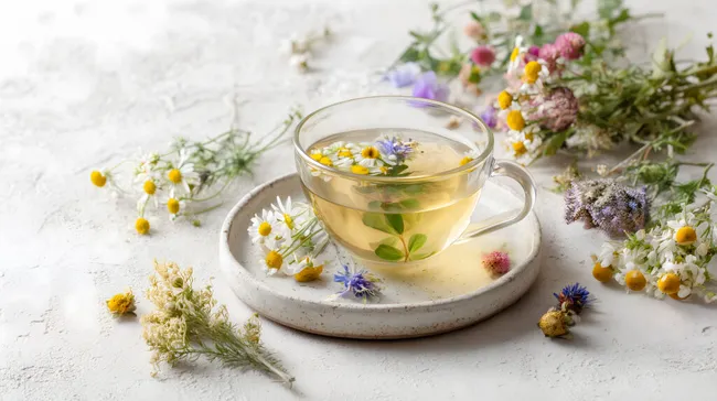 Kräutertee mit Wildblumen in Glastasse auf hellem Hintergrund