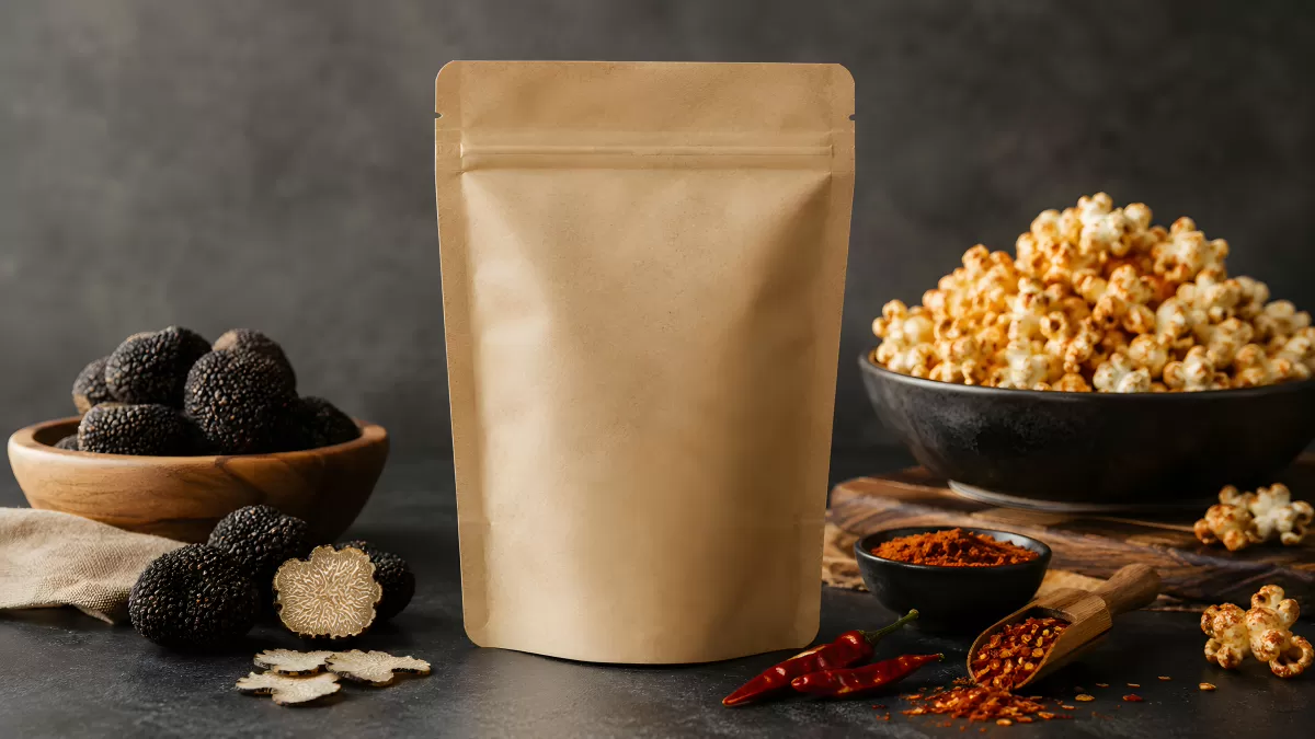 Kraftpapier-Beutel mit Trüffeln, Popcorn und Chili