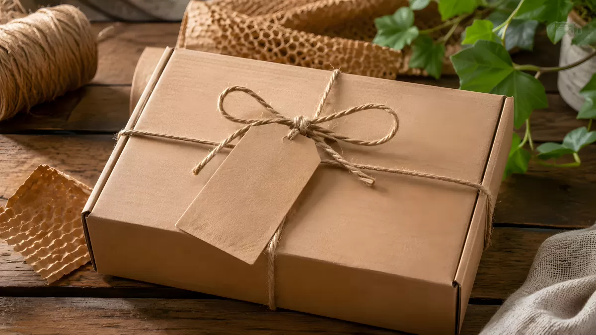 Kraftpapier-Geschenkbox mit Jute-Schleife auf Holztisch
