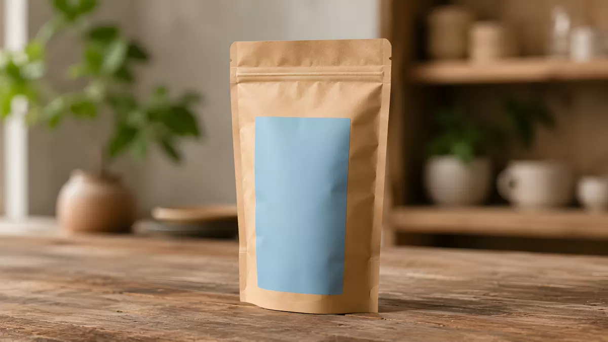 Kraftpapier-Standbeutel mit blauem Etikett auf Holztisch