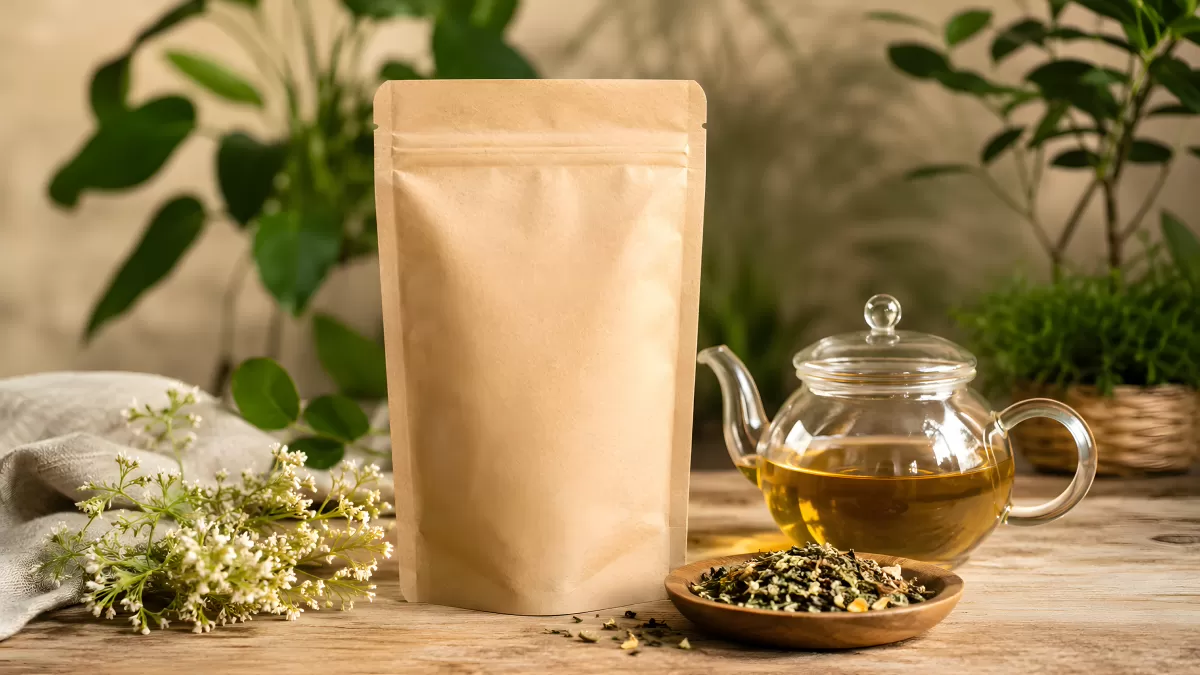 Kraftpapierbeutel mit Kräutertee und Glaskanne