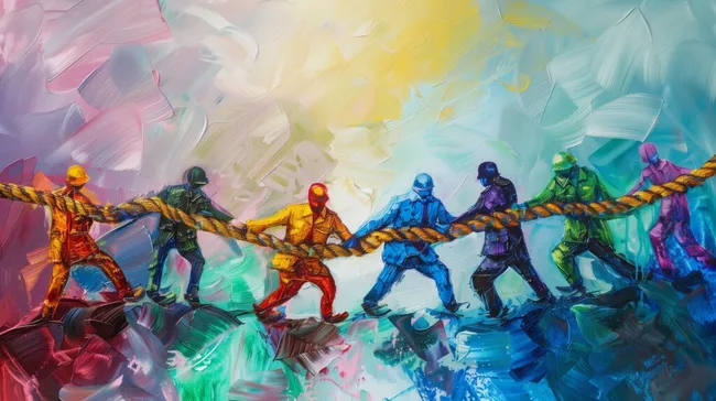 Kraftvolle Teamarbeit - Bunte Superhelden ziehen gemeinsam an Seil