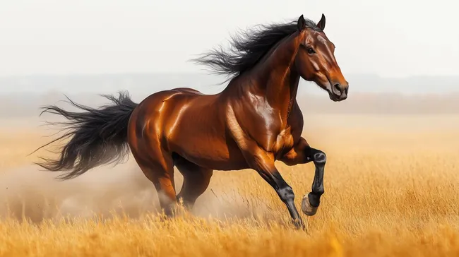 Kraftvolles braunes Pferd galoppiert durch Weizenfeld